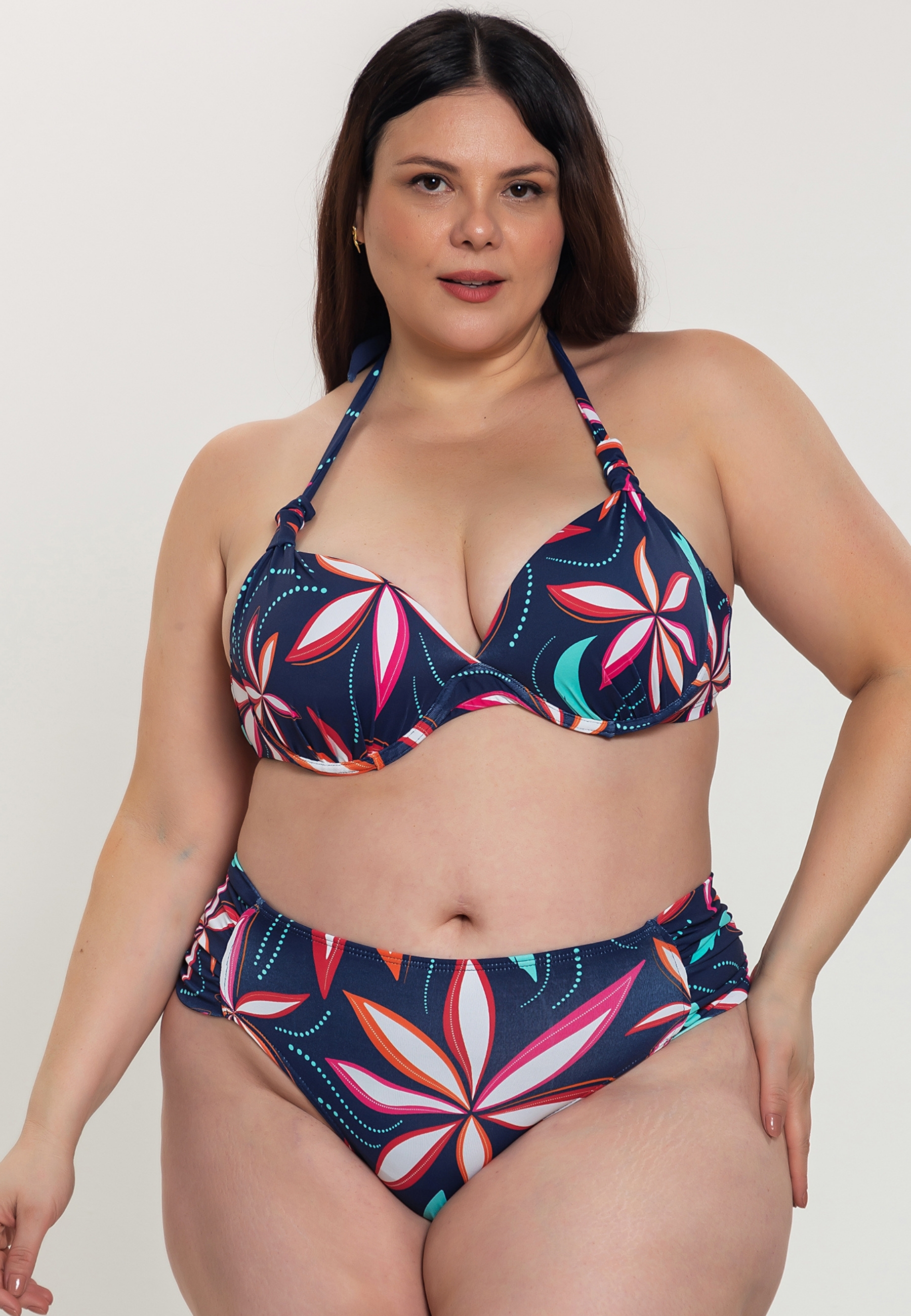 Biquini Plus Size Com Bojo Meia-Taça E Calcinha Drapeada Estampado Azurea